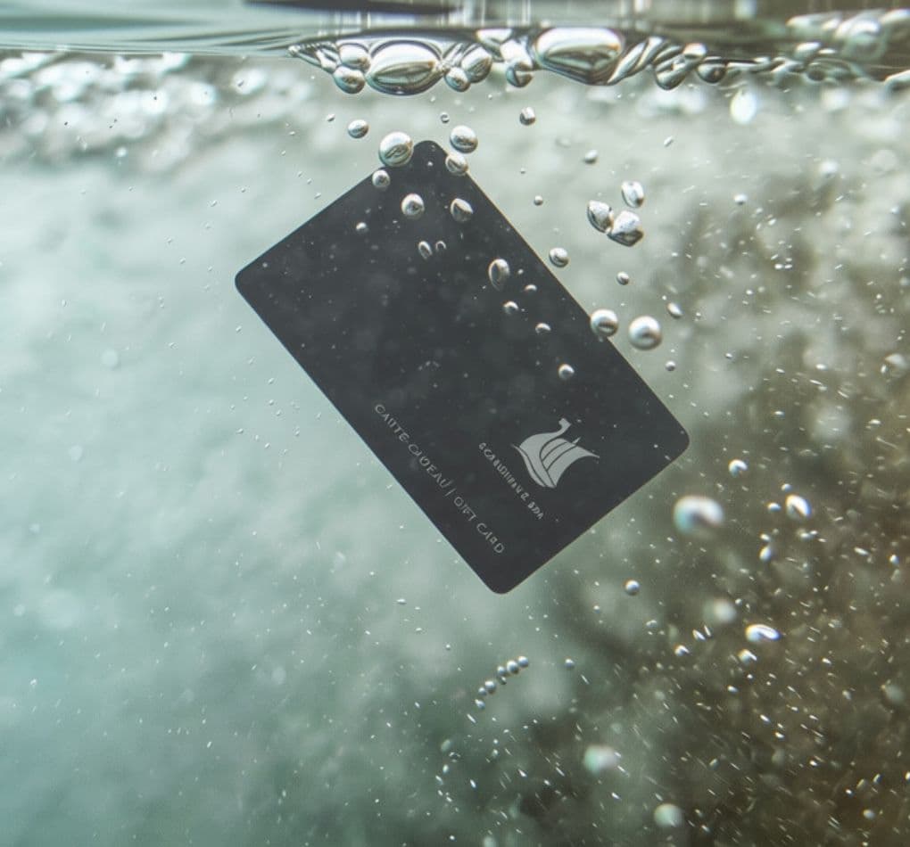 A Scandinave Spa gift card immersed in the clear water of the spa’s thermal baths.