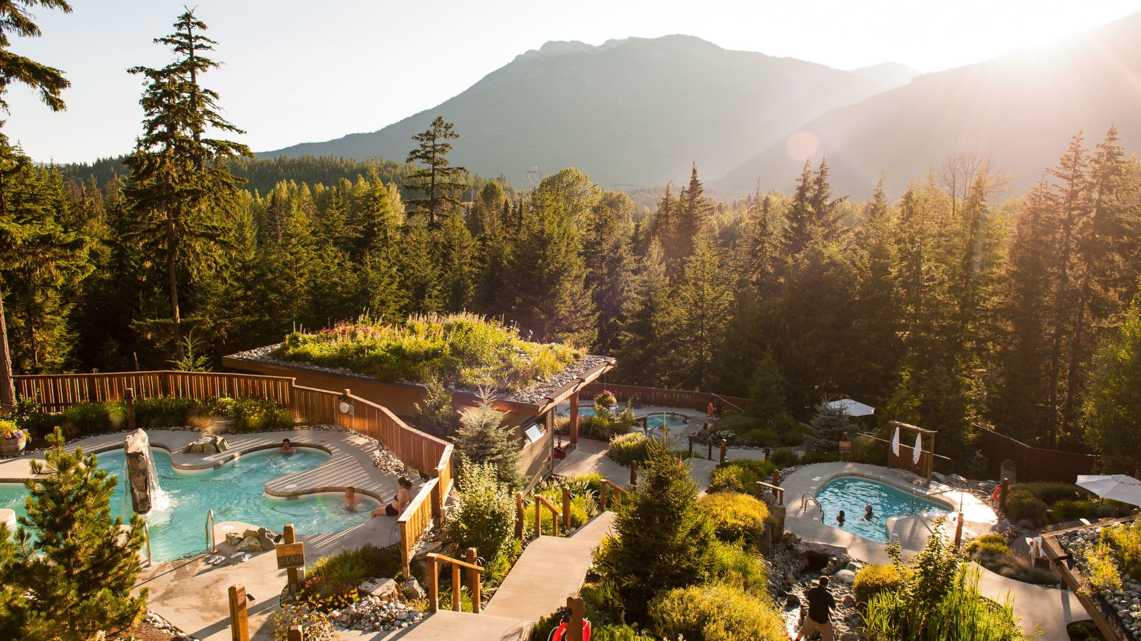 Scandinave Spa Whistler is the best place to watch the sunset in whistler. Golden light over Whistler Valley