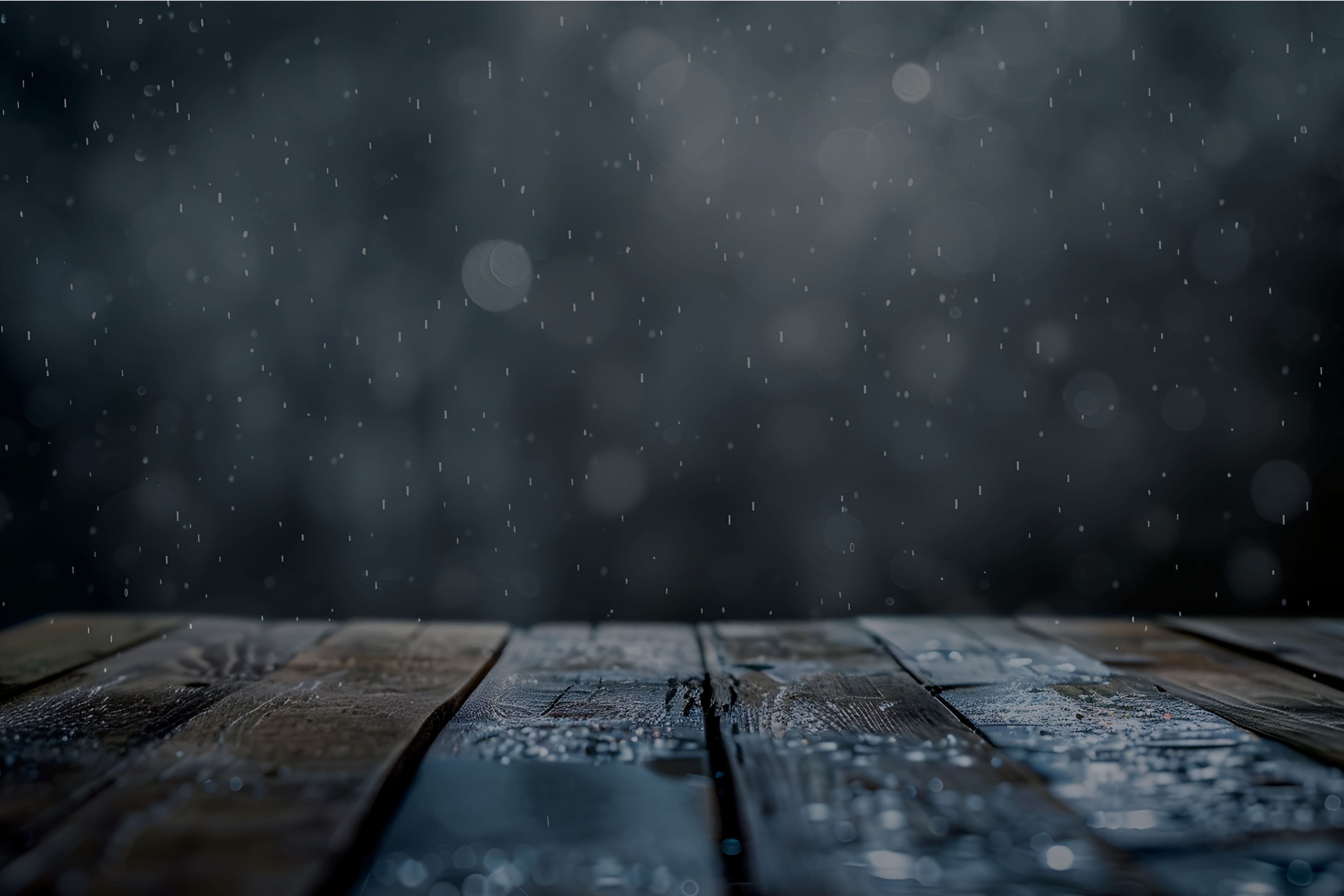 Snow falling on wooden planks at night