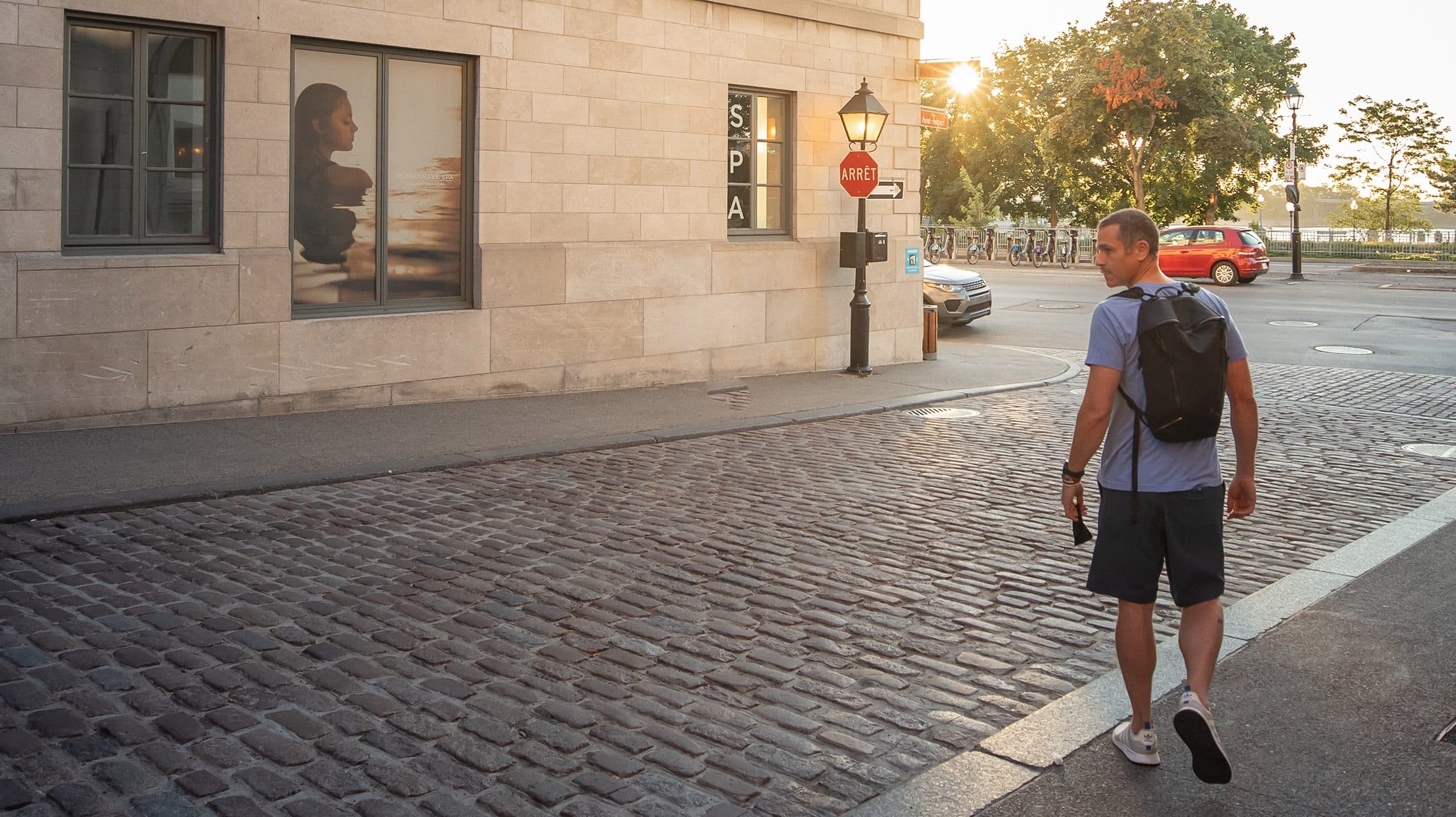 Scandinave Spa ambassador Scott Simons on a street in Old Montreal.