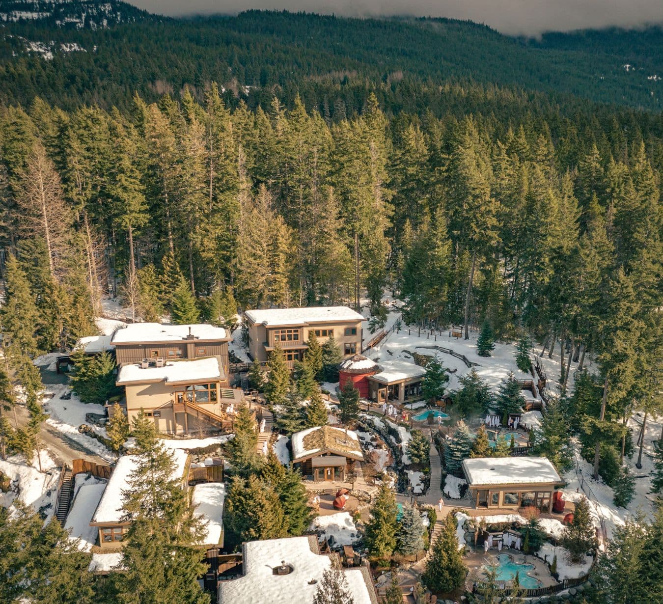 Aerial view of Scandinave Spa Whistler in Winter