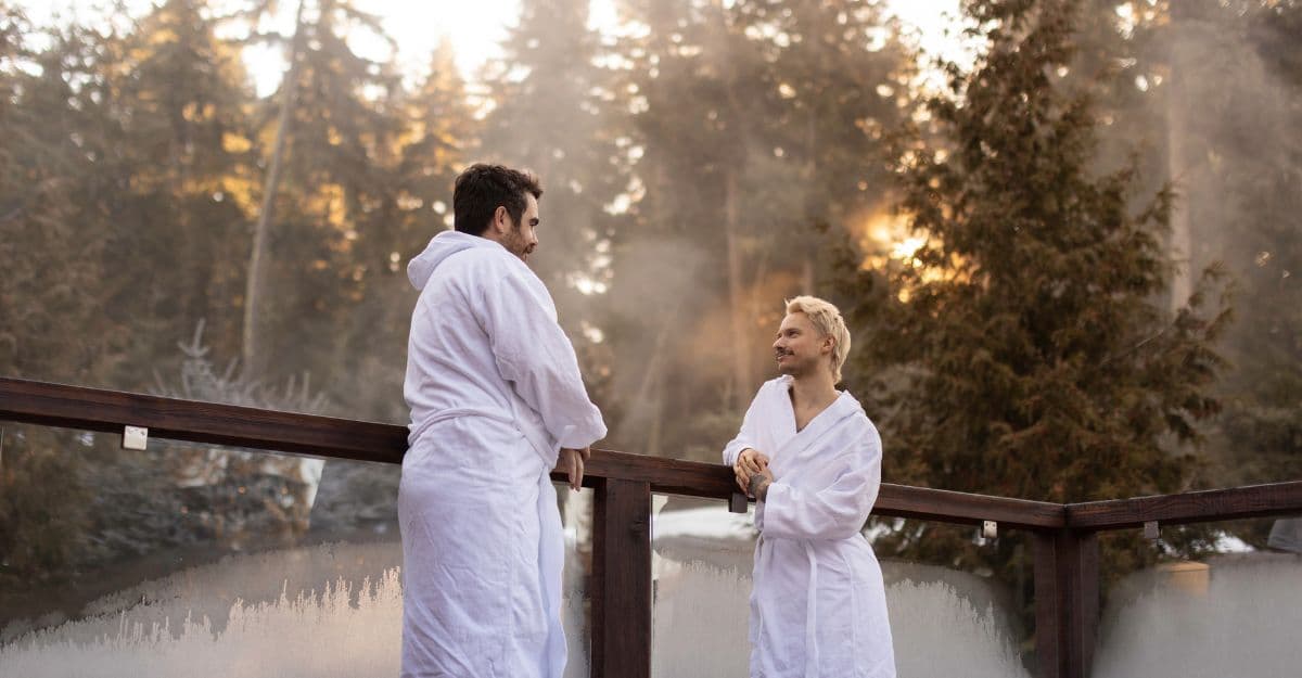 Two men in robes stand on a wooden terrace, surrounded by a misty forest at Scandinave Spa Whistler.