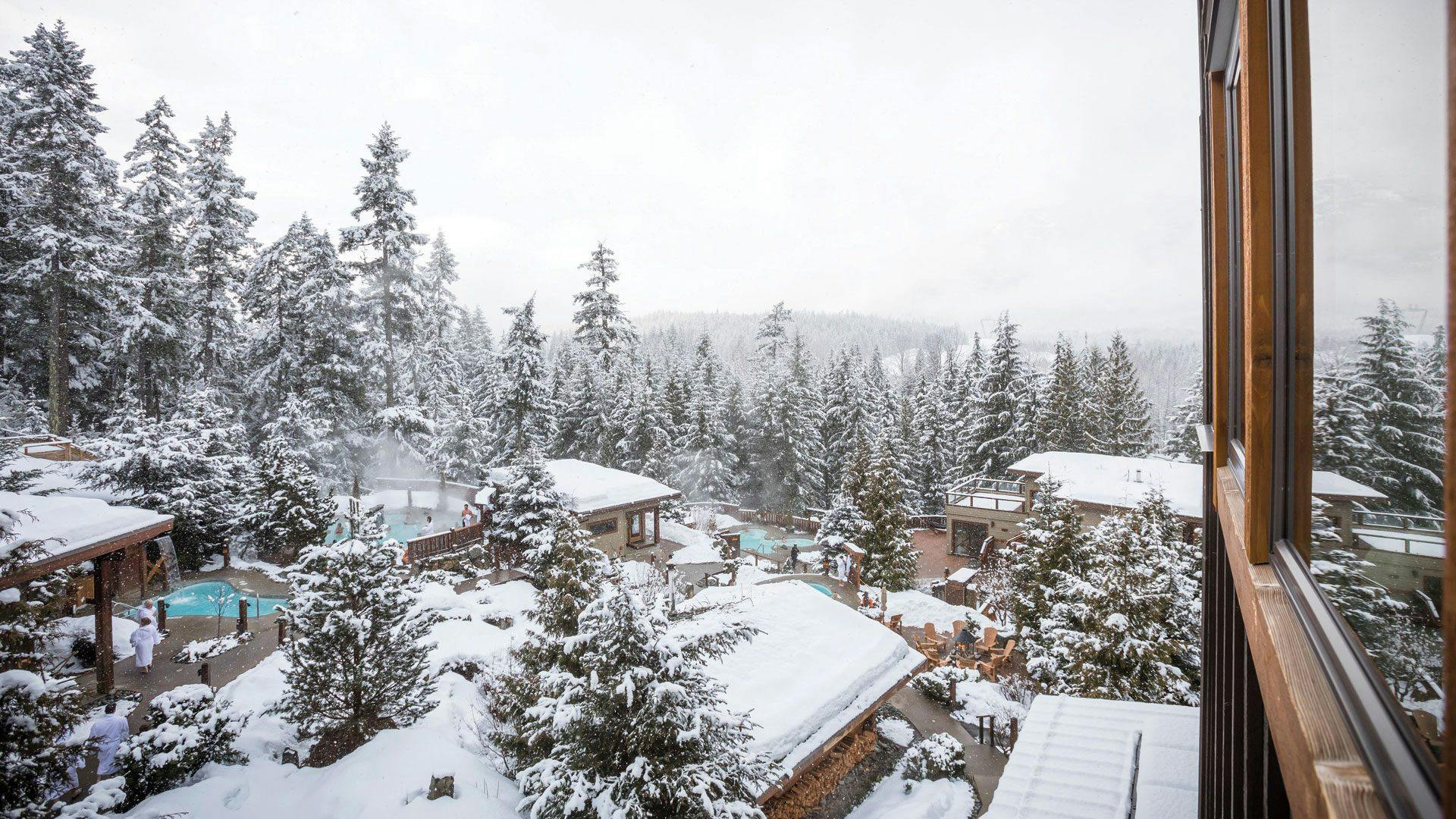 Scandinave Spa Whistler covered in deep snow.
