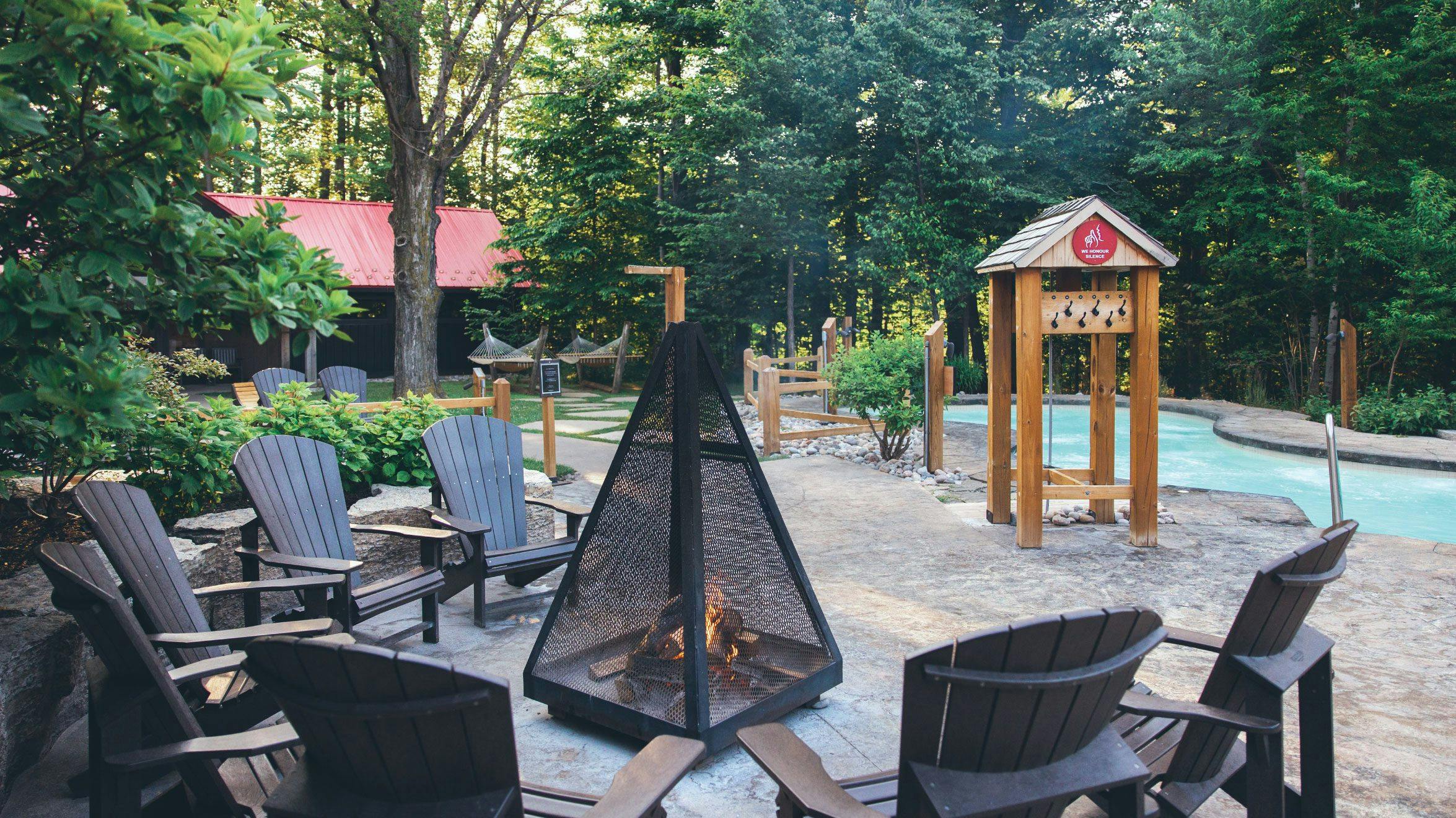Outdoor fireplace and thermal Baths at Scandinave Spa Blue Mountain.